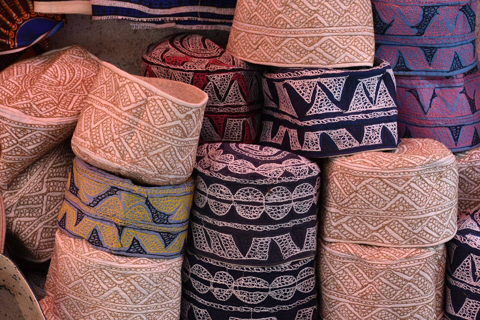 Woven baskets stacked at a Zanzibar market